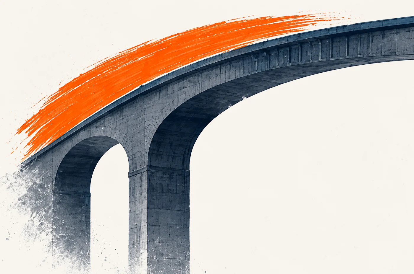 Ilustración de un puente de arcos con un trazo naranja sobre él