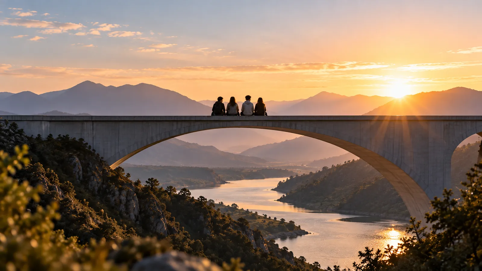 Jóvenes sentados sobre un puente al atardecer